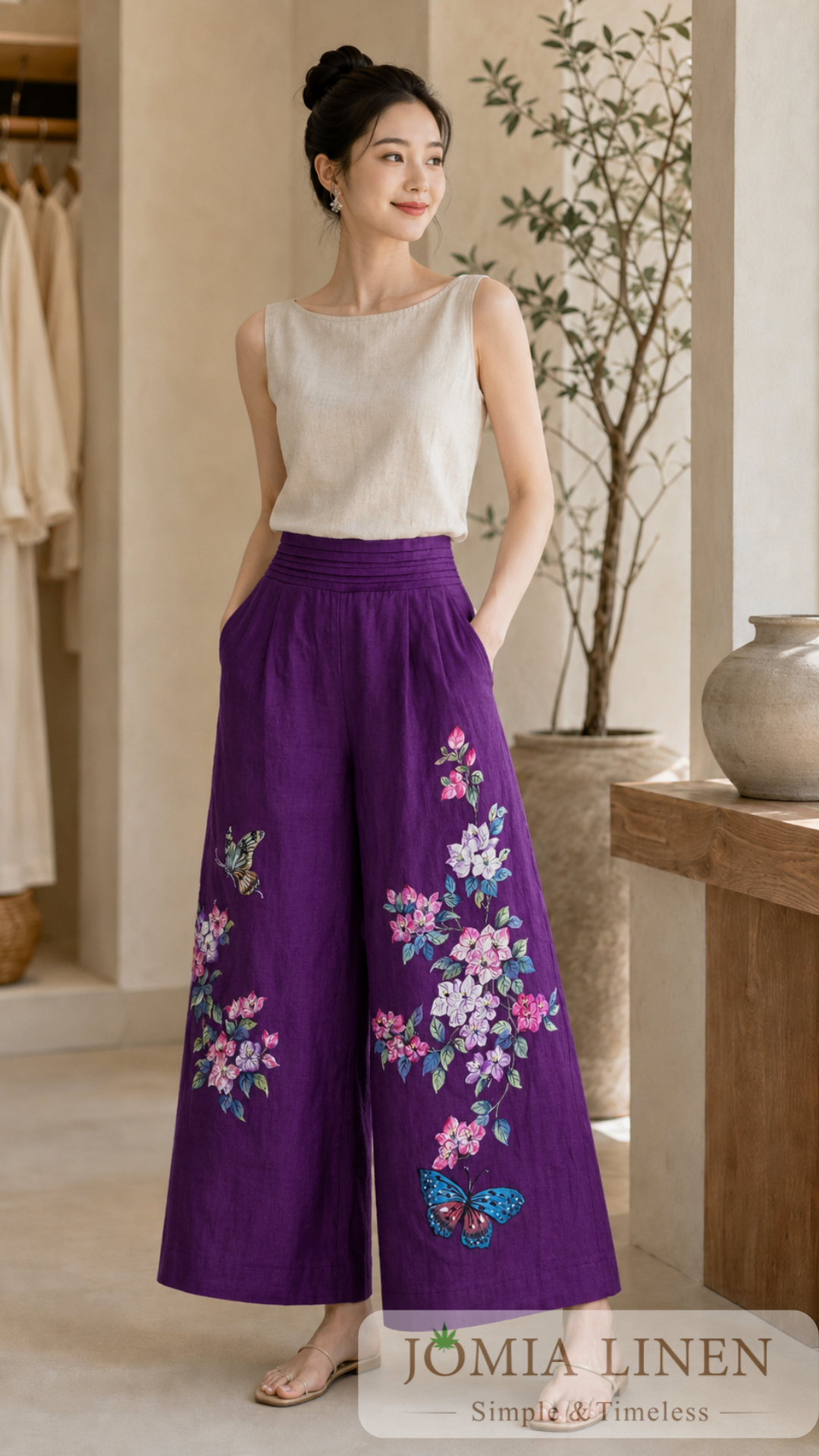 Quần Suông Linen Tưng Premium Vẽ Tay Hoa Giấy - Sắc Tím Nồng Nàn