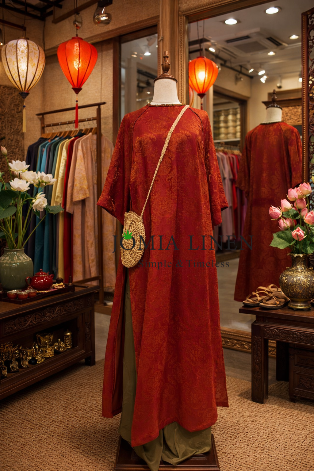 Set Áo Dài Tơ Tencel Gấm Vân Chìm - Sắc Đỏ Trầm & Tím Xanh Rêu Jomia