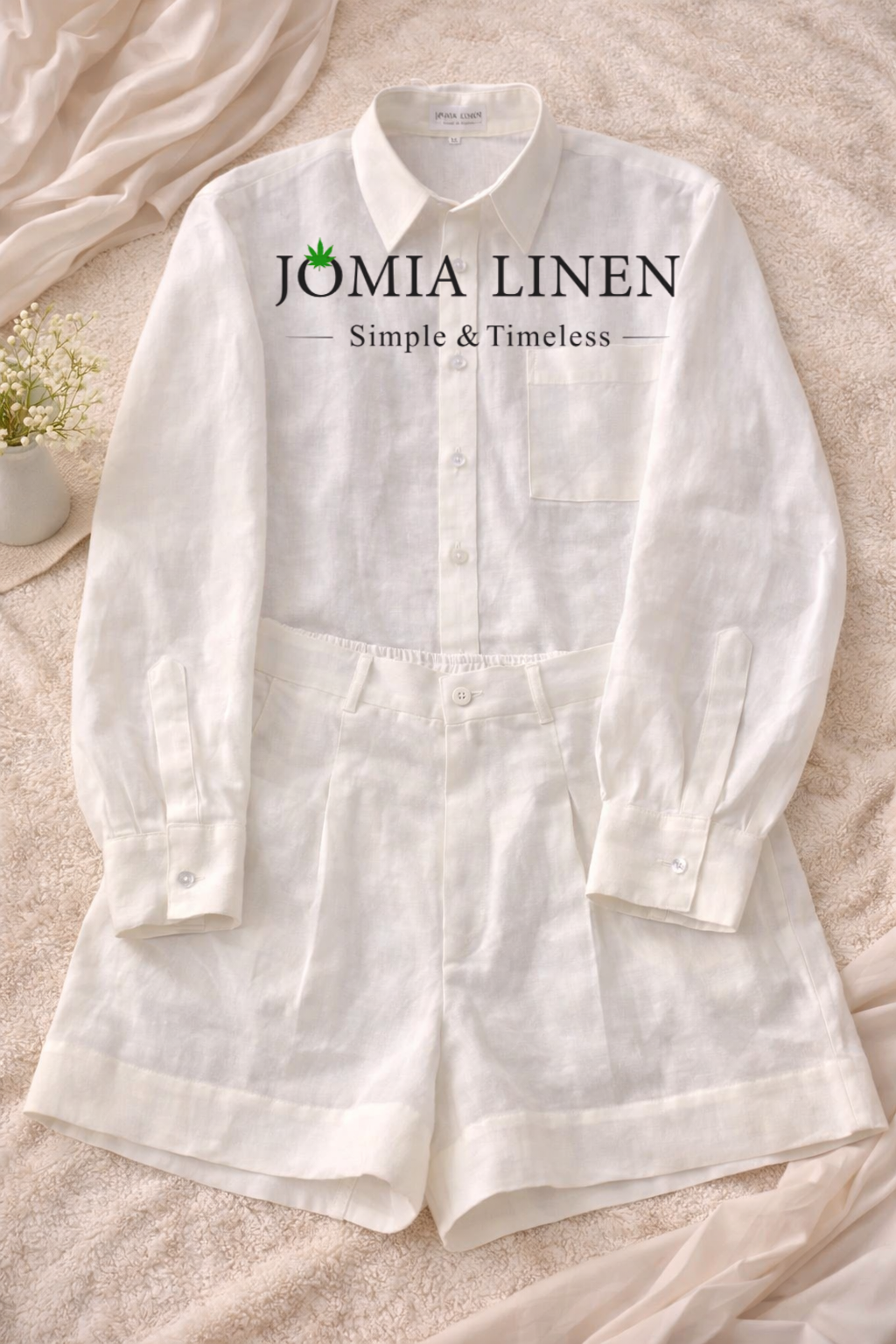 Set Áo Sơ Mi Tay Dài & Quần Short Linen Tưng Premium - Sắc Trắng Ivory Jomia