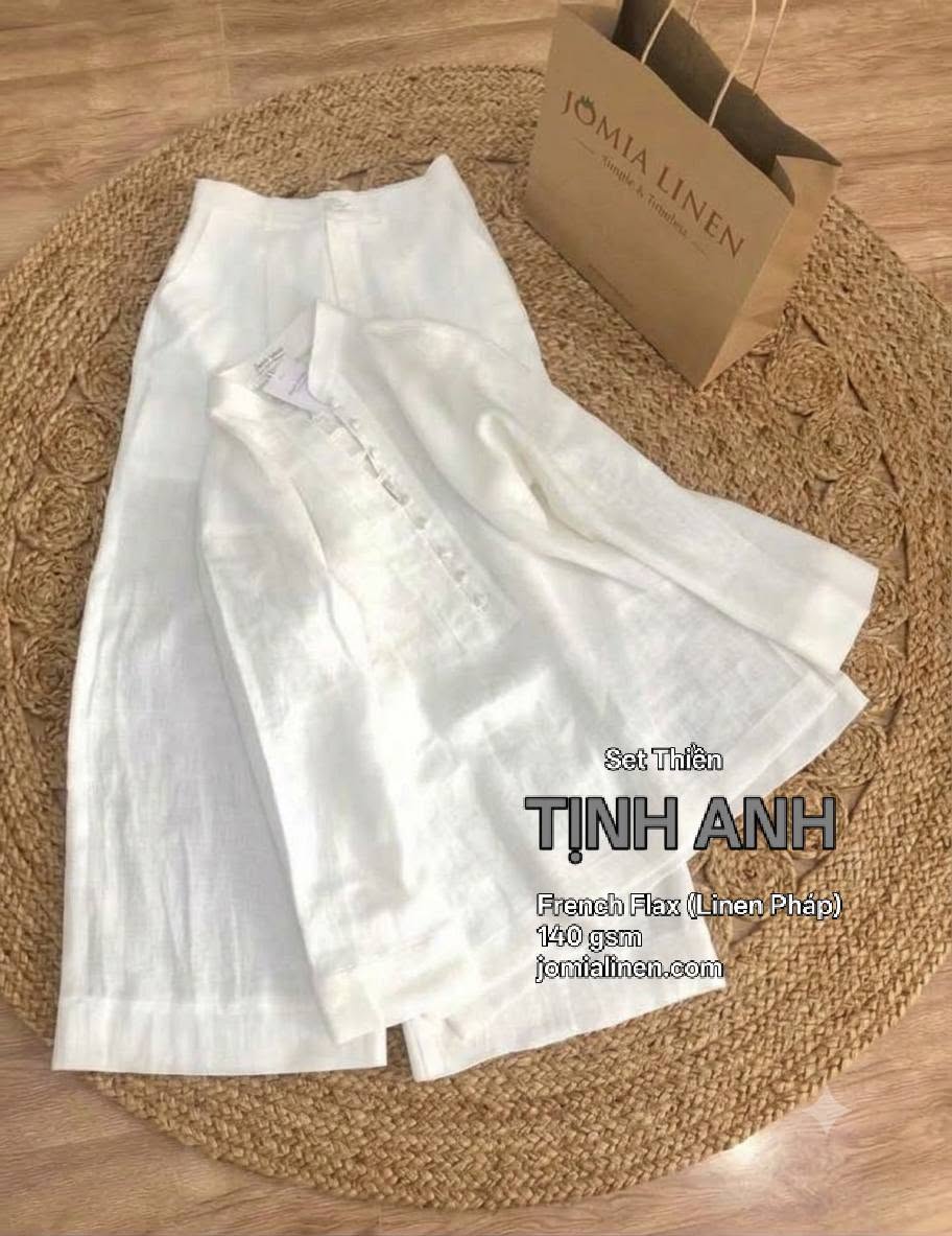 TỊNH ANH - Set Thiền Linen Pháp – Áo Cổ Đứng Nút Bọc & Quần Suông