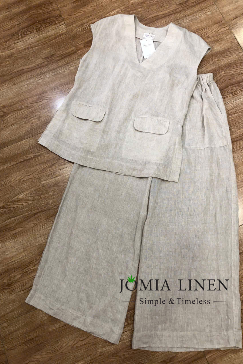 Set Linen Pháp Muối Tiêu Áo Cổ V Quần Ống Rộng