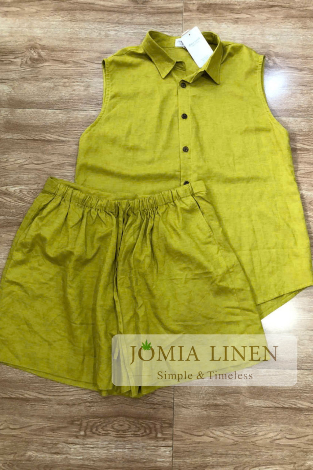 Set Linen Silk Vàng Mustard Áo Sơmi Sát Nách Quần Short