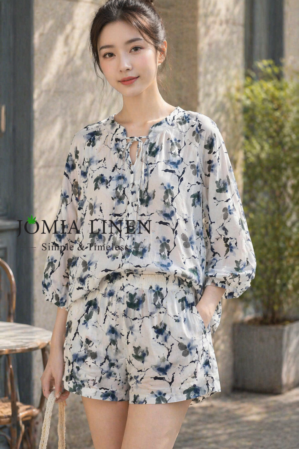 Set Linen Tơ Cao Cấp Họa Tiết Hoa Thủy Mặc Cổ Thắt Nơ