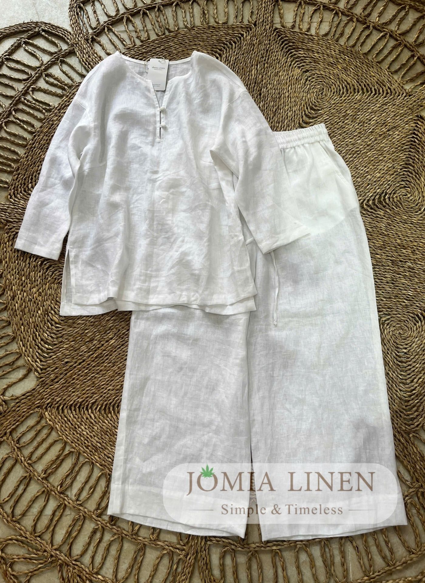 Set Linen Trắng Áo Tay Lửng Quần Suông