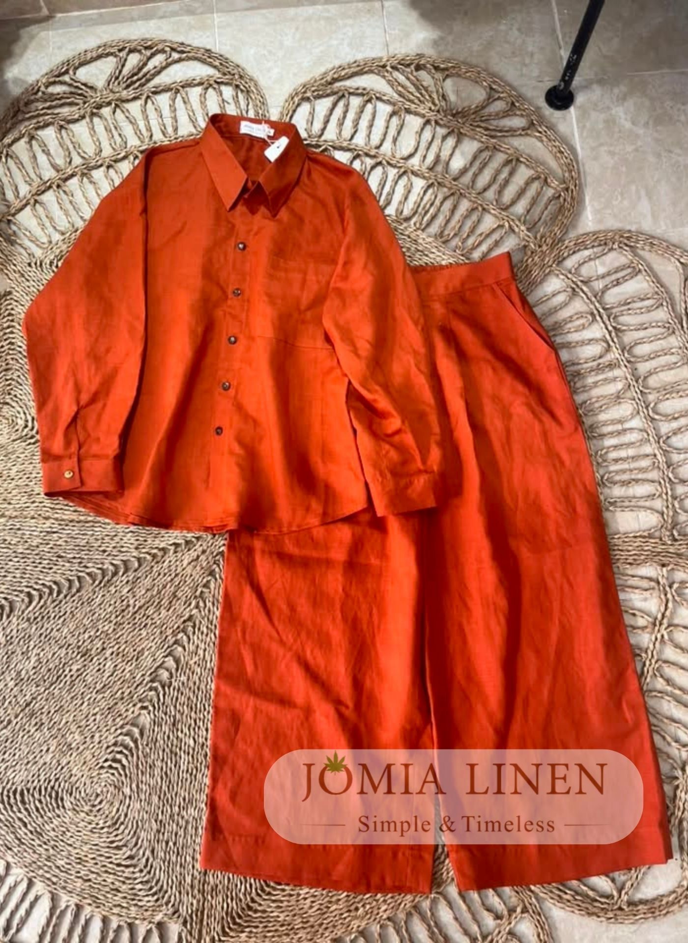 Set Premium Linen Mix Ramie Cam Đất Áo Sơ Mi Quần Suông