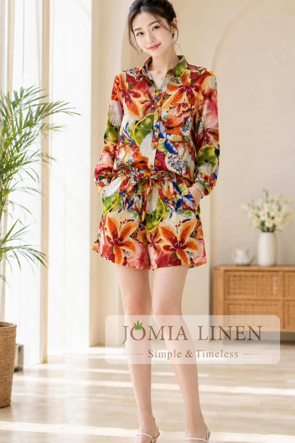 Set Quần Short Áo Sơ Mi Linen Tưng Premium Họa Tiết Hoa Lá Nhiệt Đới