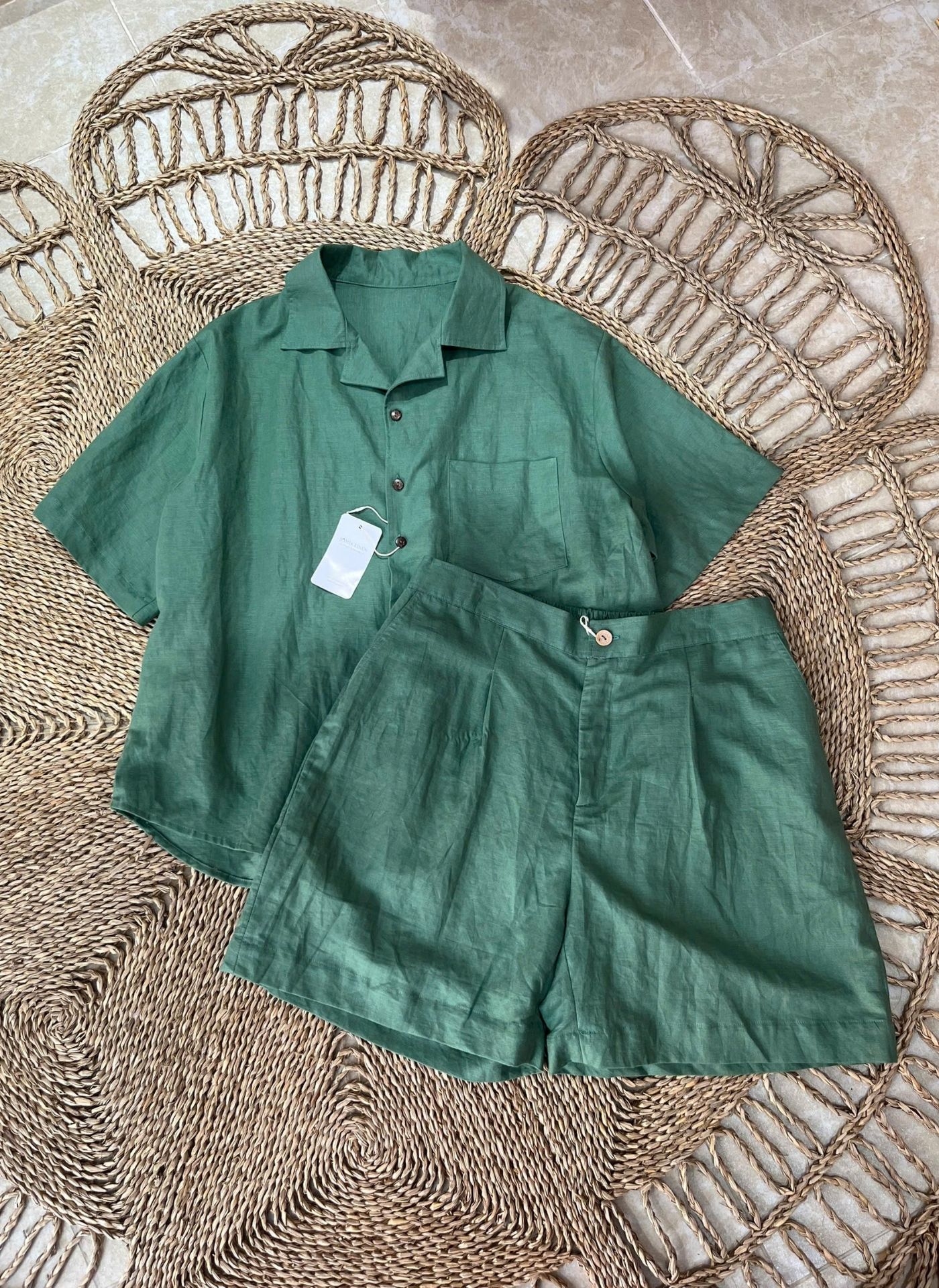 Set Sơ Mi Short Nam Linen Tưng Ướt Xanh Rêu
