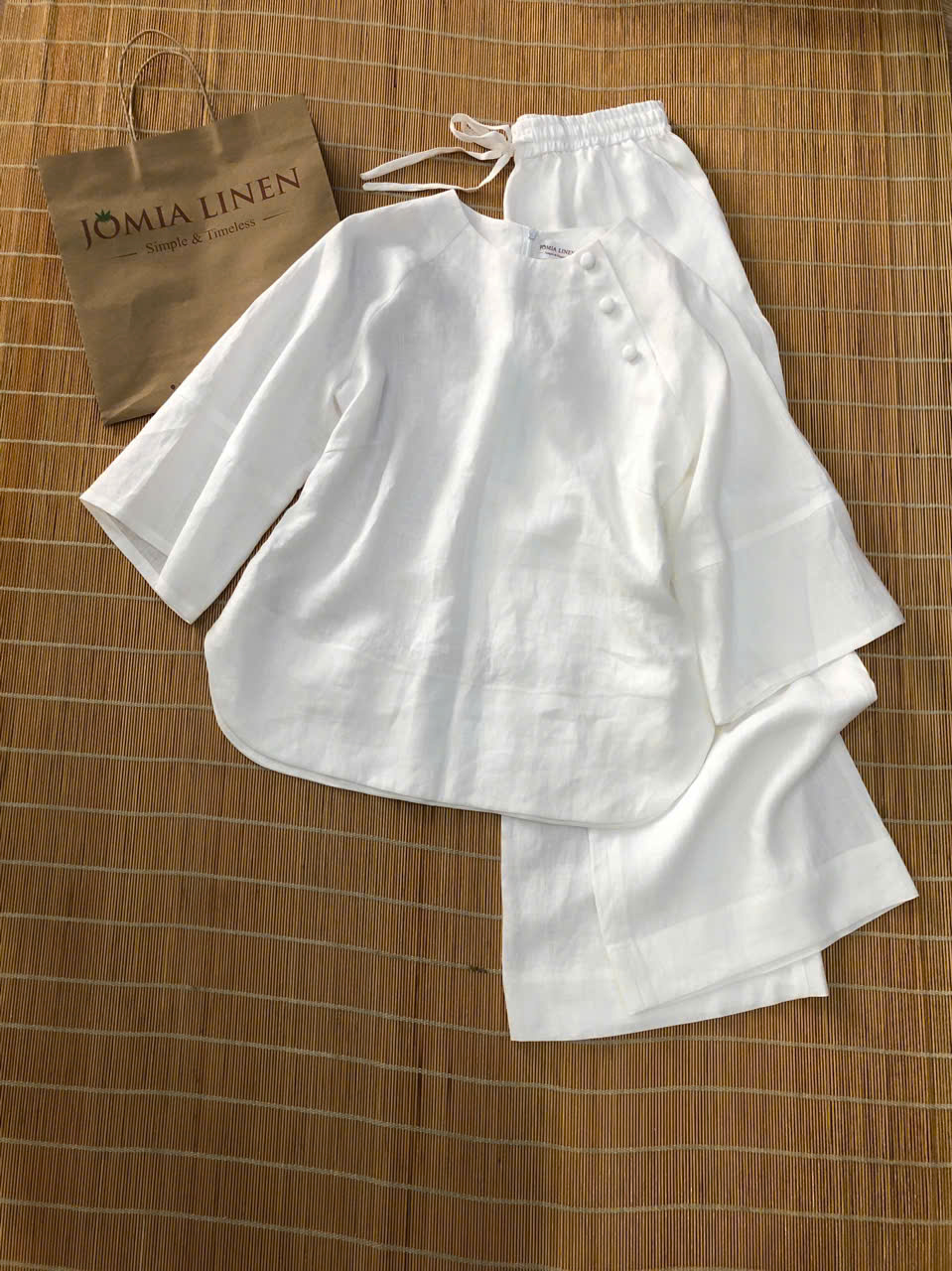 Set Thiền Linen Tưng Premium Vạt Cong – Trắng Tinh khôi