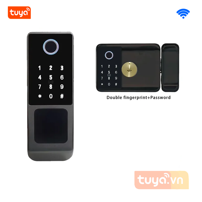 Khóa Cổng Chống Nước 2 Mặt Đọc Vân Tay Thẻ Từ Mã Số Lưỡi Gà Móc Wifi Tuya SHP-IDL10Cv3