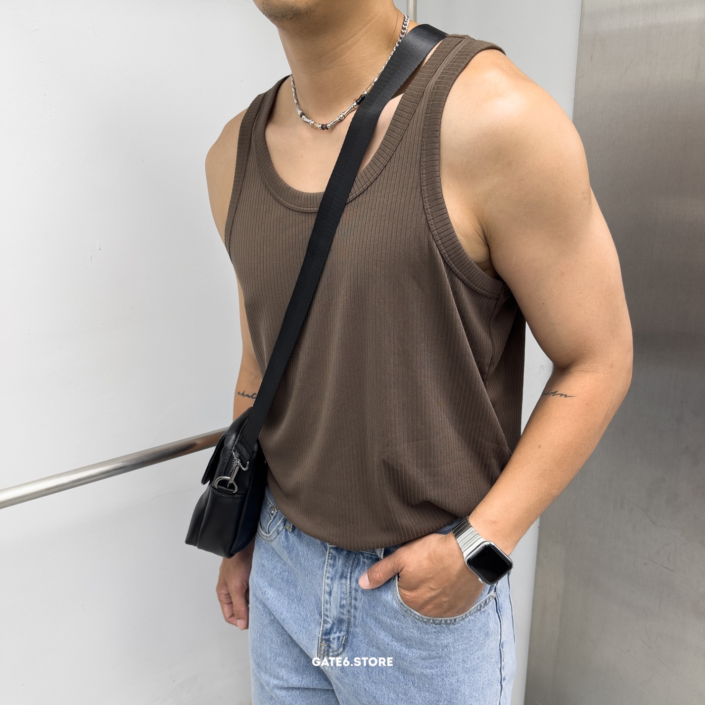 Phông KAF tanktop cotton gân - Nâu