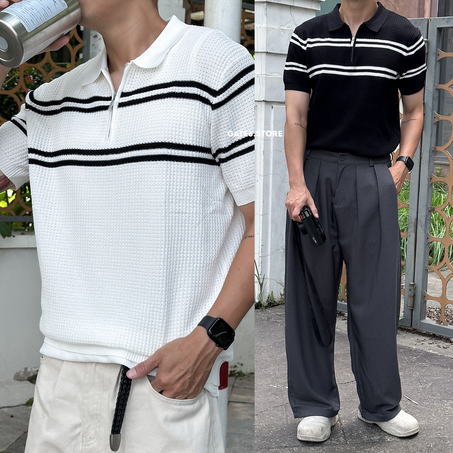 Polo LC knit kẻ đôi vai 6537