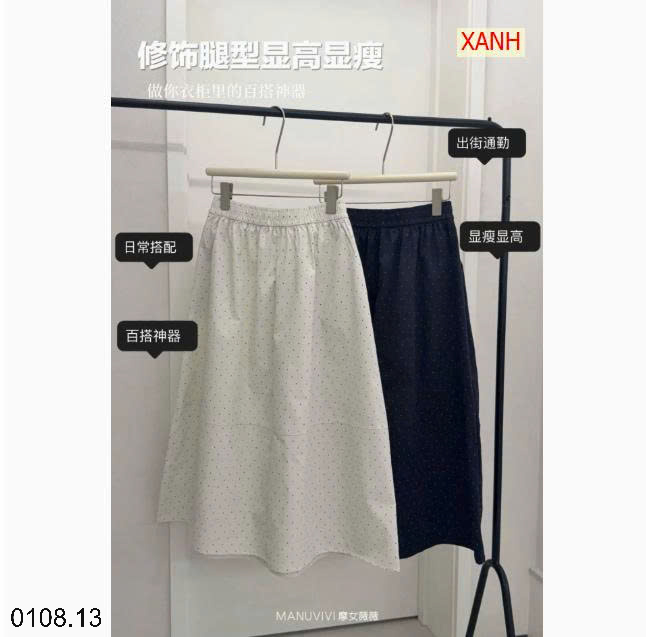 26HA0108.13 - CHÂN VÁY MIDI CHỮ A CHẤM BI MANUVIVI