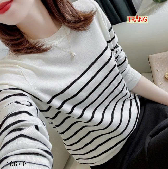 26HA1108.08 - ÁO LEN KẺ CỔ TRÒN 2 MÀU CHO NỮ