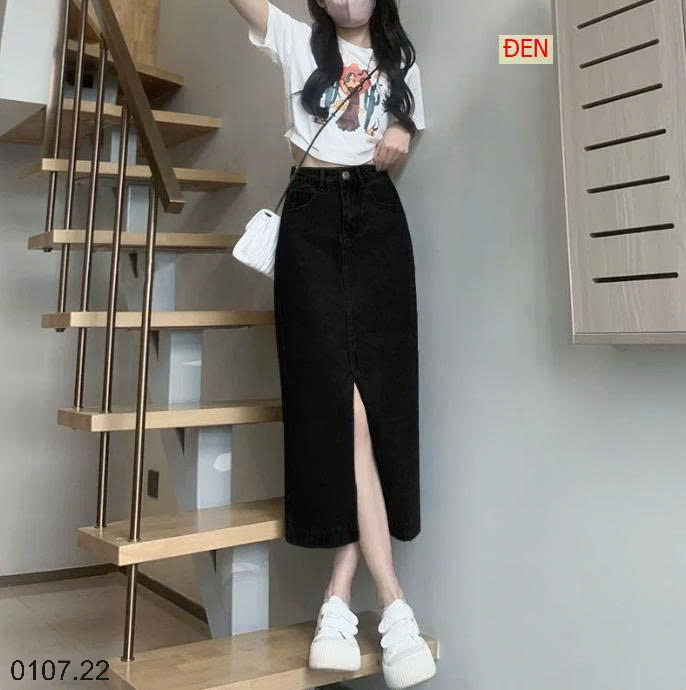 26HA0107.22 - CHÂN VÁY JEAN CHỮ A DÁNG DÀI XẺ TRƯỚC