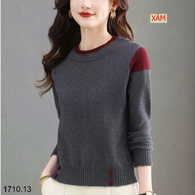 26HA1710.13 - ÁO LEN CỔ TRÒN PHỐI MÀU CHO NỮ