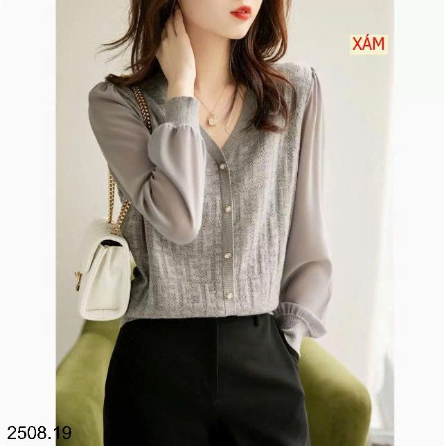 26HA2508.19 - ÁO DỆT KIM CỔ V PHỐI TAY VOAN