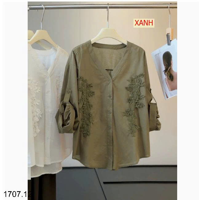 26HA1707.12 - ÁO SƠ MI DÀI TAY CỔ V THÊU HOA ANNA