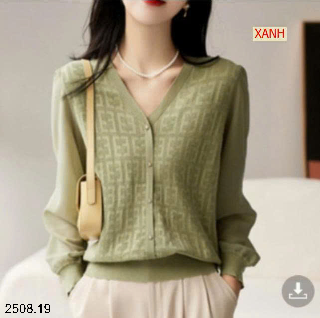 26HA2508.19 - ÁO DỆT KIM CỔ V PHỐI TAY VOAN