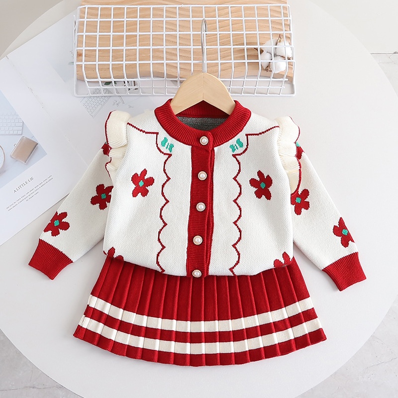 HA1371 - SET ÁO LEN CARDIGAN HOA + VÁY XẾP LY