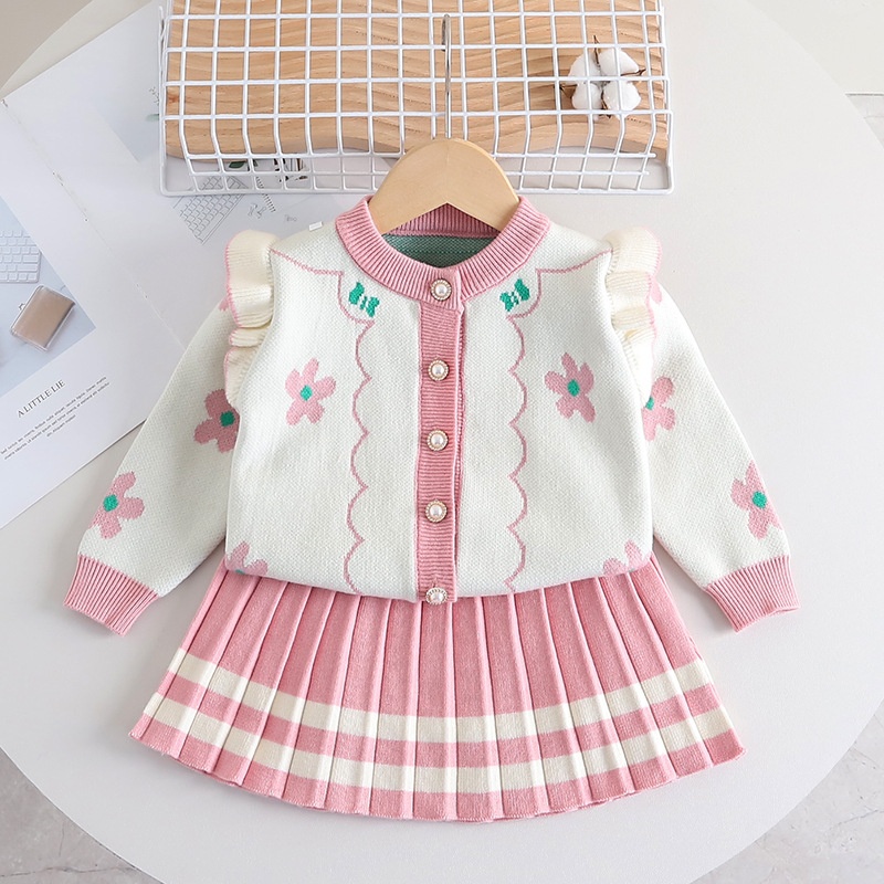 HA1371 - SET ÁO LEN CARDIGAN HOA + VÁY XẾP LY