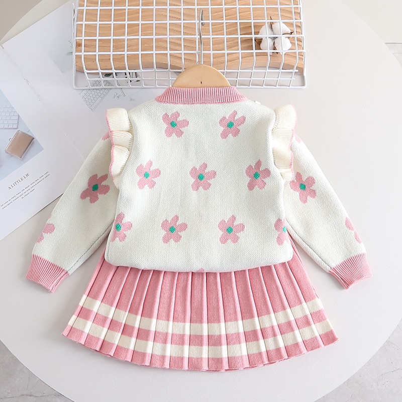 HA1371 - SET ÁO LEN CARDIGAN HOA + VÁY XẾP LY