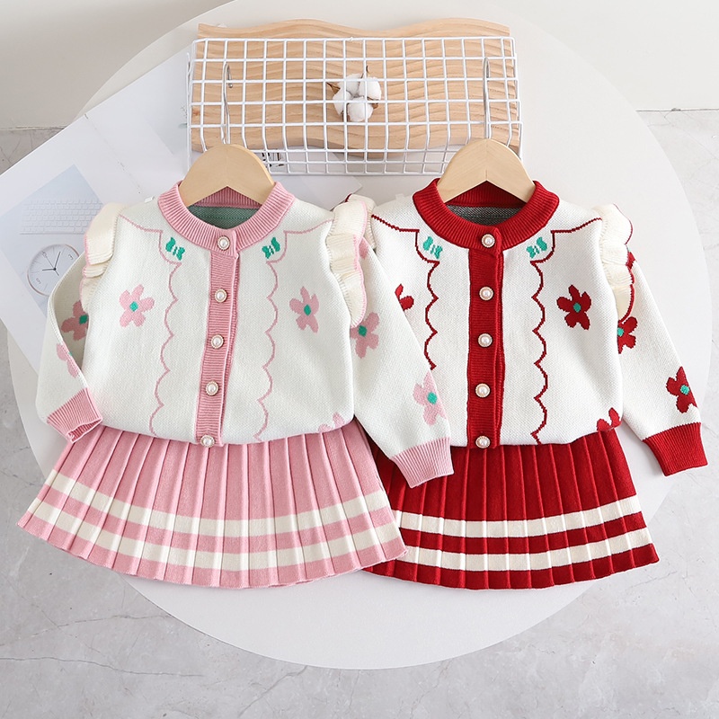 HA1371 - SET ÁO LEN CARDIGAN HOA + VÁY XẾP LY