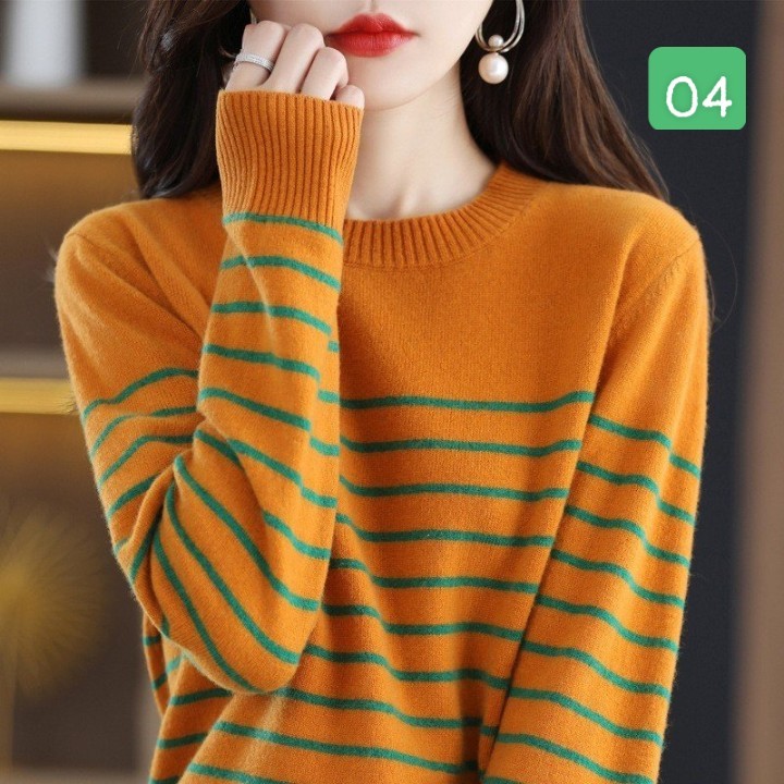 HA2593 - ÁO LEN KẺ NỮ CỔ TRÒN