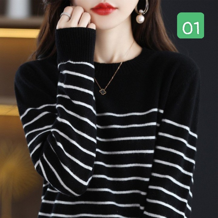 HA2593 - ÁO LEN KẺ NỮ CỔ TRÒN