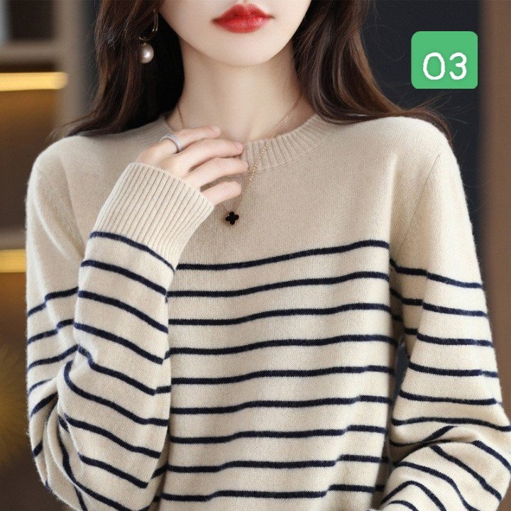 HA2593 - ÁO LEN KẺ NỮ CỔ TRÒN