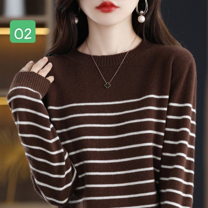 HA2593 - ÁO LEN KẺ NỮ CỔ TRÒN