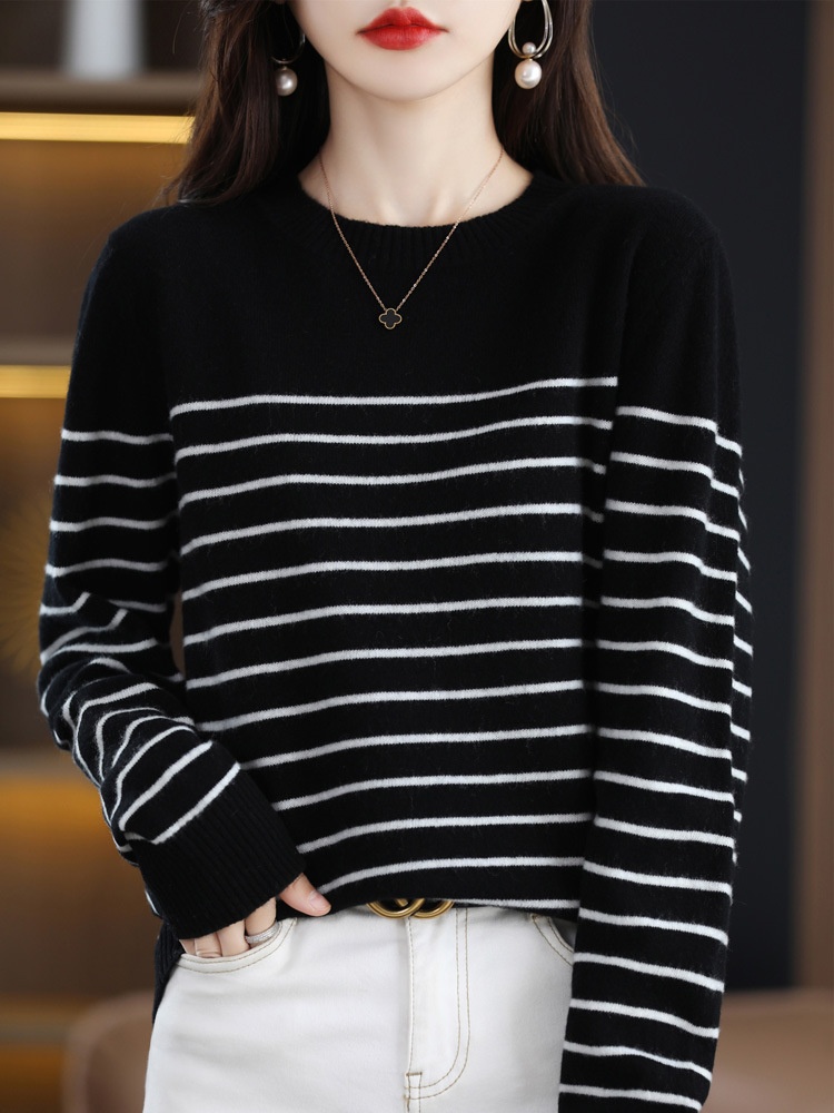 HA2593 - ÁO LEN KẺ NỮ CỔ TRÒN