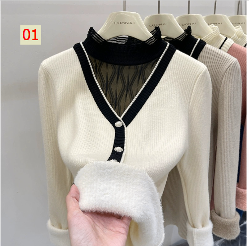 HH4122 - ÁO LEN LÓT LÔNG CỔ REN NỮ