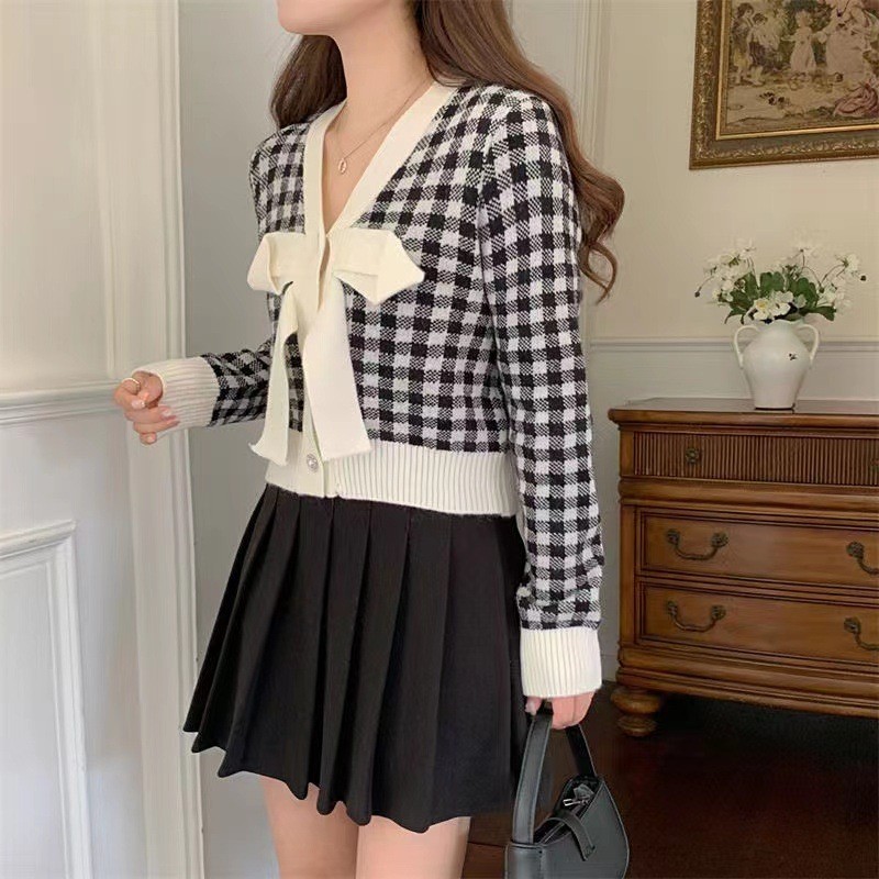 HH9126 - ÁO LEN KẺ NƠ NGỰC CÚC ĐÁ