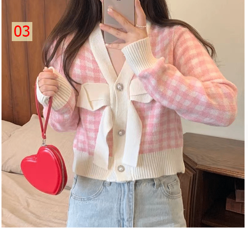 HH9126 - ÁO LEN KẺ NƠ NGỰC CÚC ĐÁ