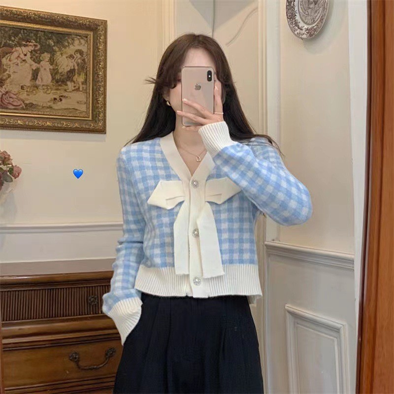 HH9126 - ÁO LEN KẺ NƠ NGỰC CÚC ĐÁ