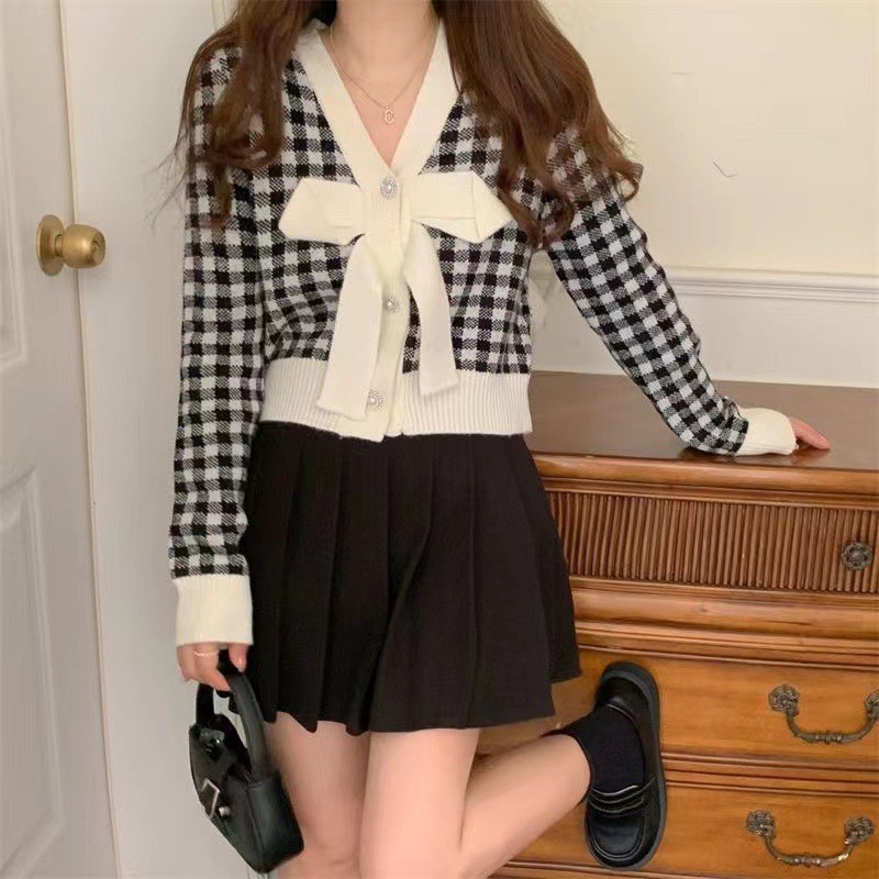 HH9126 - ÁO LEN KẺ NƠ NGỰC CÚC ĐÁ