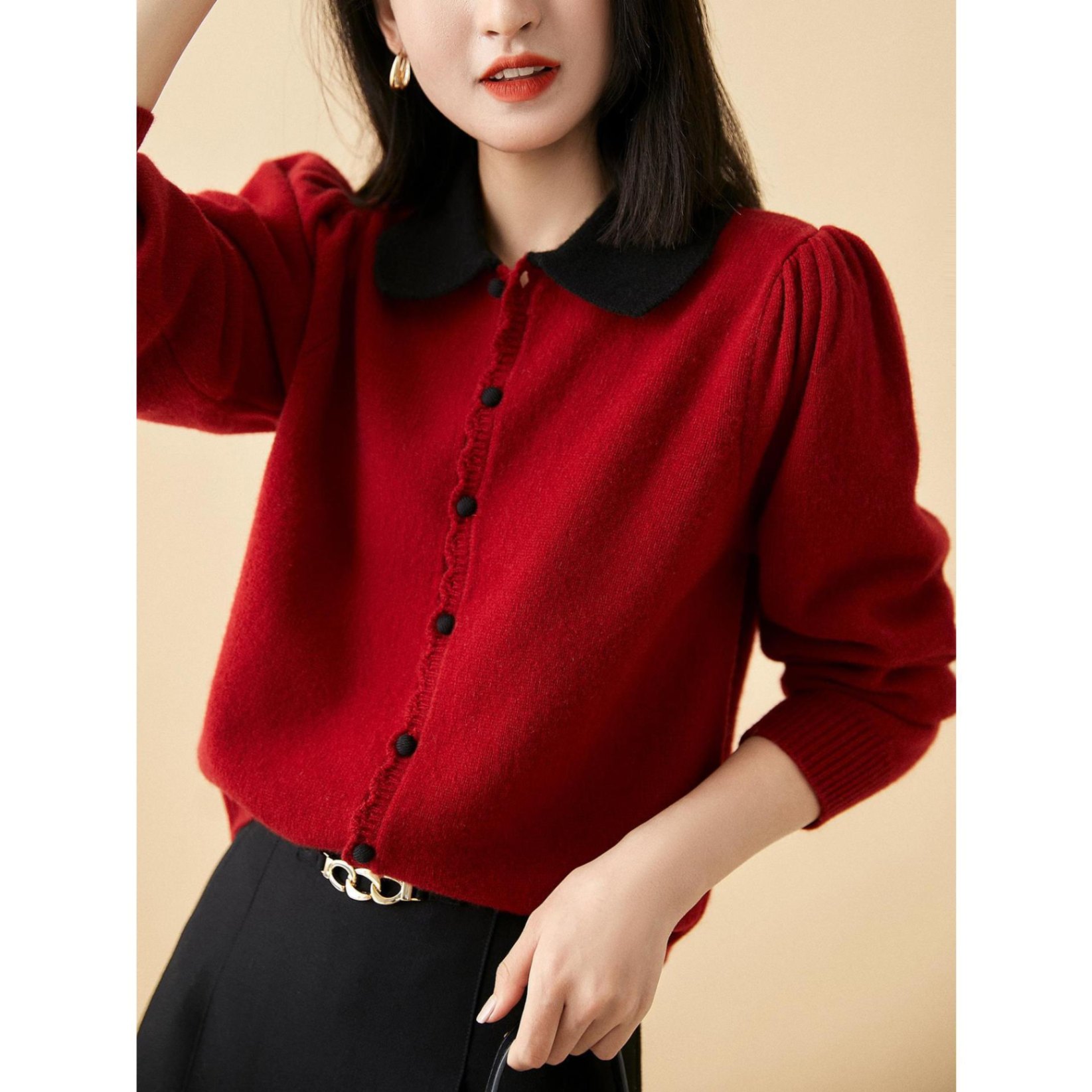 24HA111.08 - ÁO LEN ĐỎ CỔ BẺ