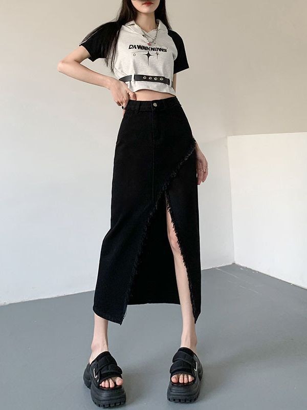 24HH253.08 -CHÂN VÁY JEANS XẺ ĐÙI HACK DÁNG