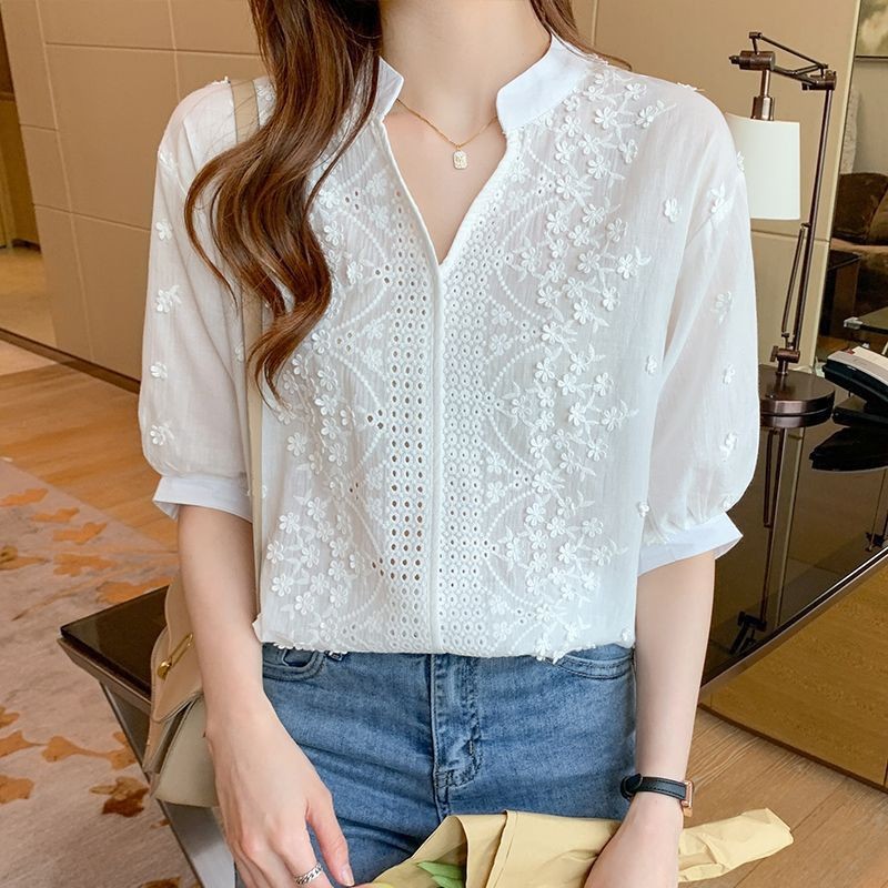24HH124.12 - ÁO SƠ MI PHỐI REN HOA