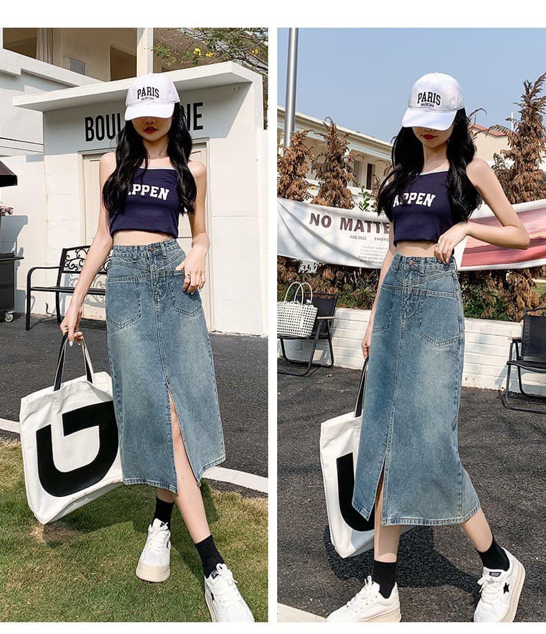 24HH154.15 - CHÂN VÁY DENIM DÁNG DÀI