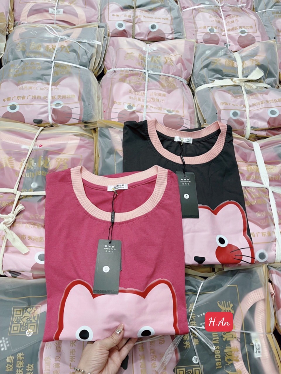 24HAVN02.164 - VÁY SUÔNG COTTON 4C HÓT 2 MÀU HỒNG GHI IN MÈO HÓT