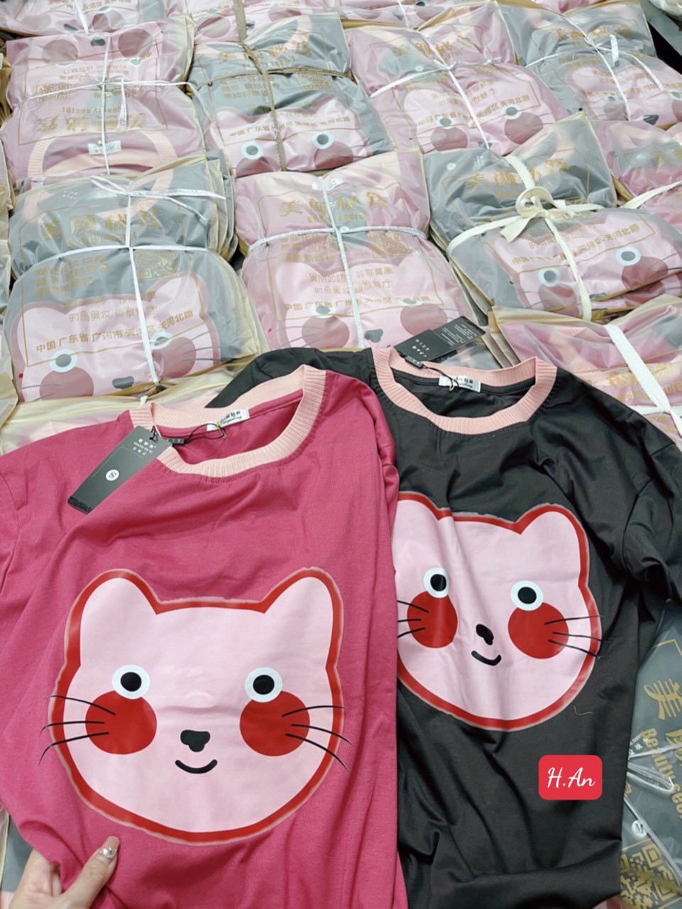 24HAVN02.164 - VÁY SUÔNG COTTON 4C HÓT 2 MÀU HỒNG GHI IN MÈO HÓT