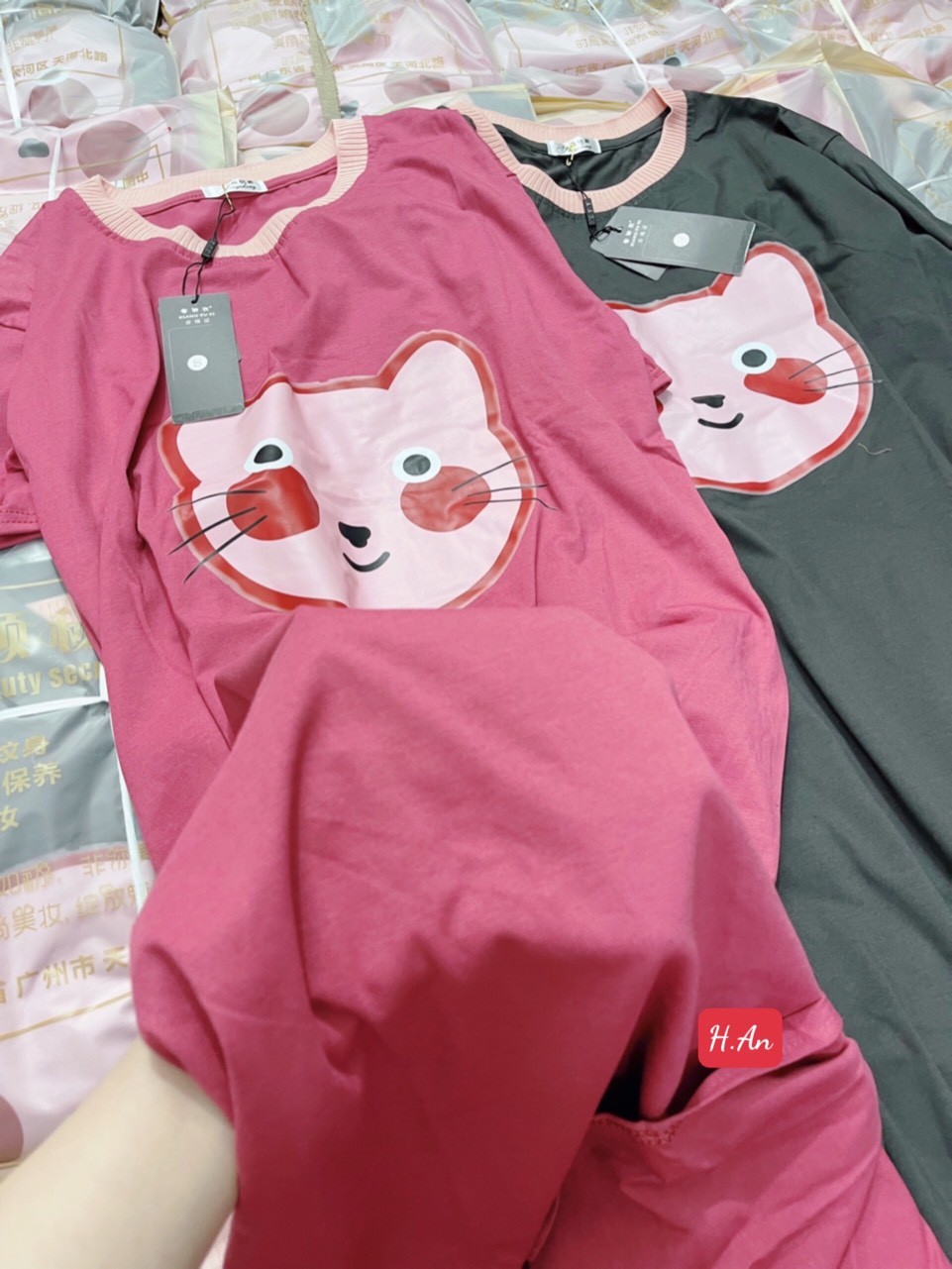 24HAVN02.164 - VÁY SUÔNG COTTON 4C HÓT 2 MÀU HỒNG GHI IN MÈO HÓT