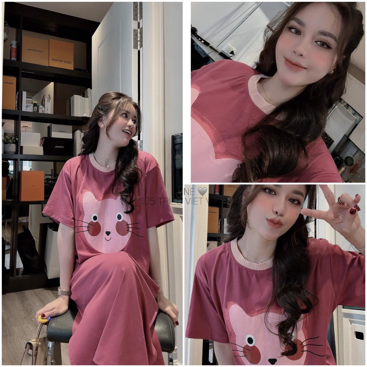 24HAVN02.164 - VÁY SUÔNG COTTON 4C HÓT 2 MÀU HỒNG GHI IN MÈO HÓT