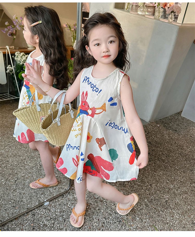 24HH164.08 - VÁY HỌA TIẾT THỎ VINTAGE BÉ GÁI