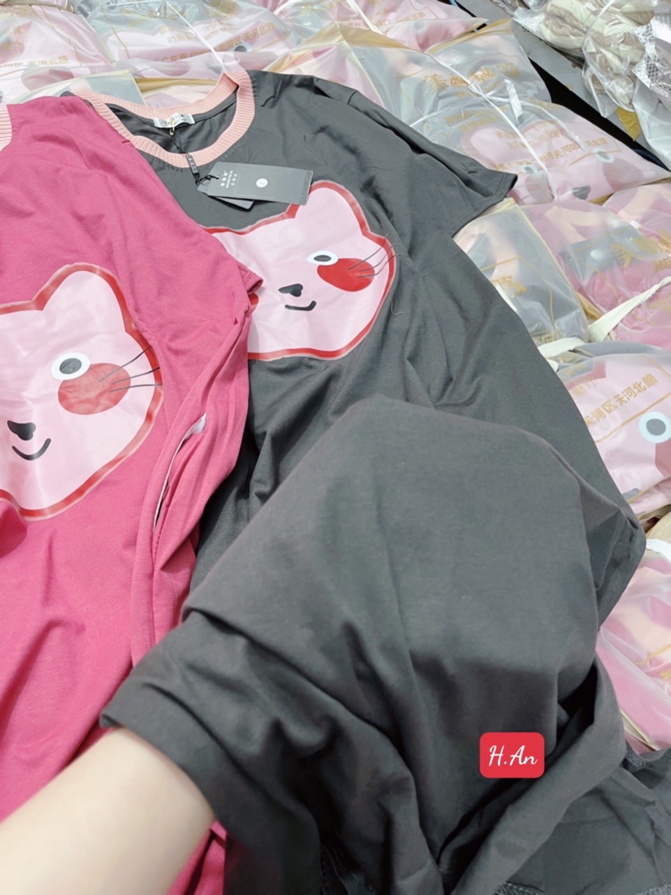 24HAVN02.164 - VÁY SUÔNG COTTON 4C HÓT 2 MÀU HỒNG GHI IN MÈO HÓT