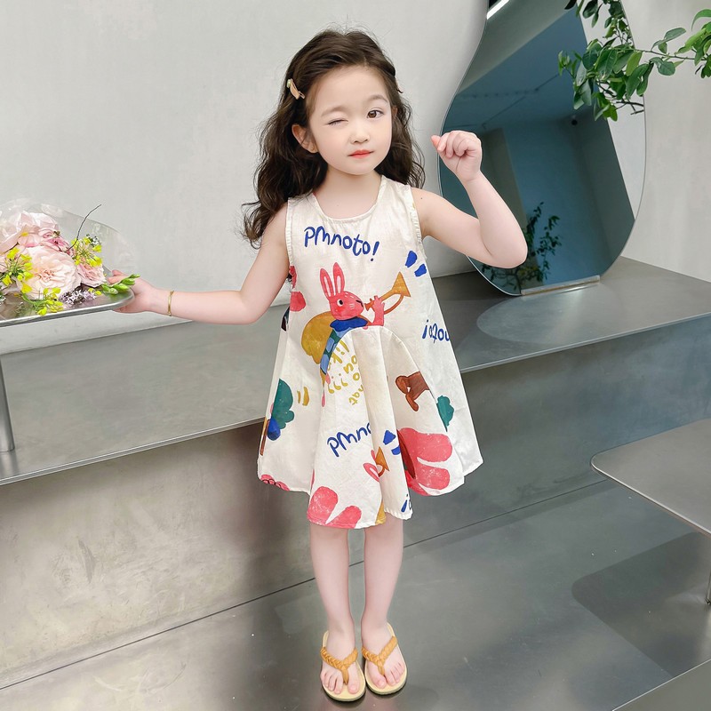 24HH164.08 - VÁY HỌA TIẾT THỎ VINTAGE BÉ GÁI