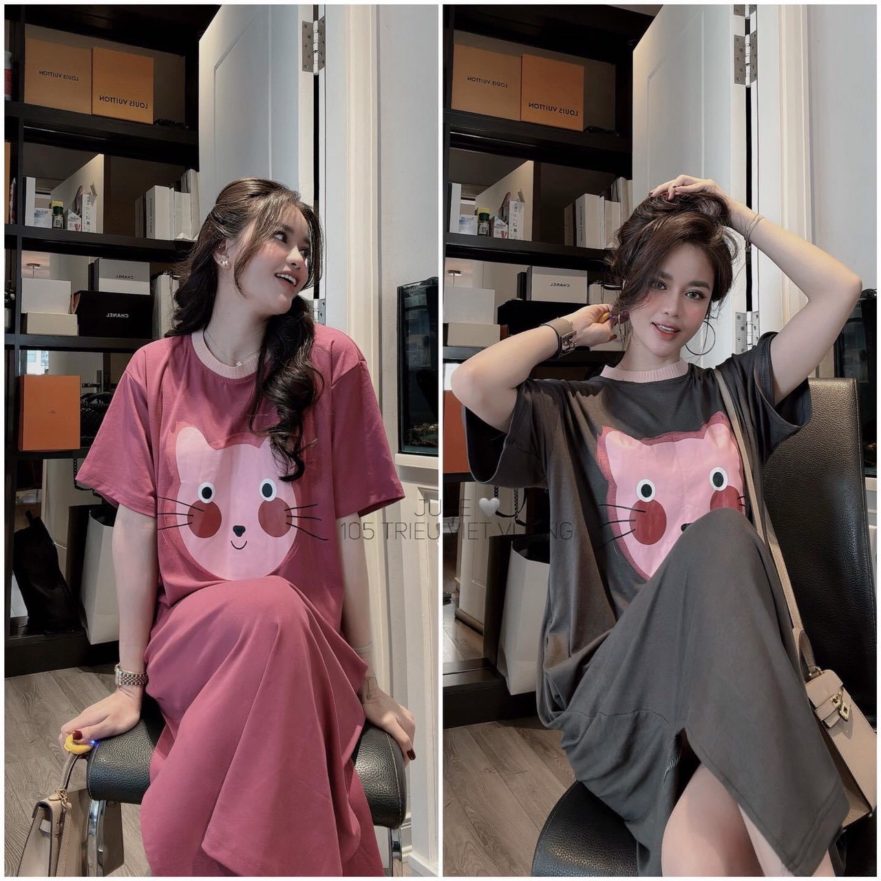 24HAVN02.164 - VÁY SUÔNG COTTON 4C HÓT 2 MÀU HỒNG GHI IN MÈO HÓT