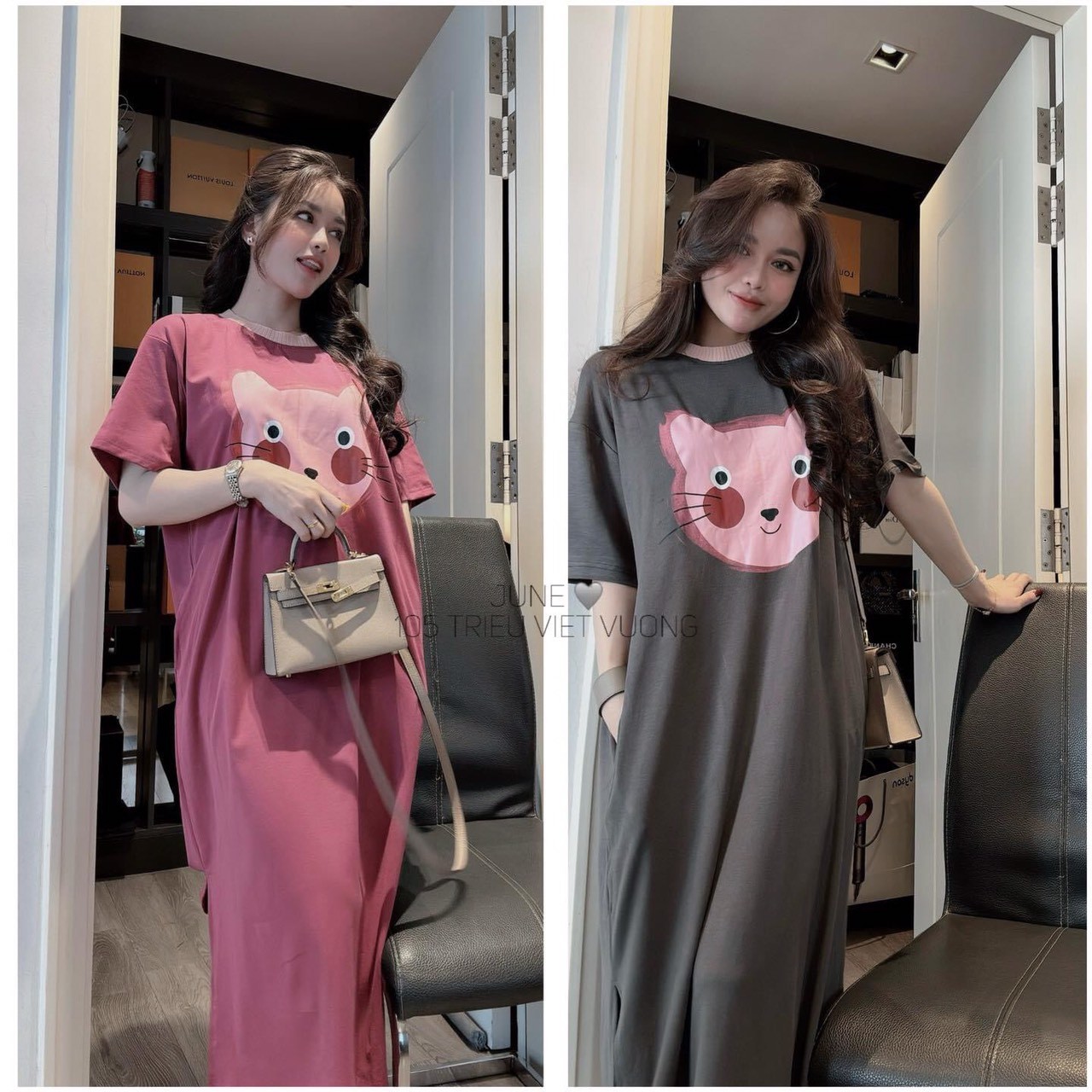 24HAVN02.164 - VÁY SUÔNG COTTON 4C HÓT 2 MÀU HỒNG GHI IN MÈO HÓT