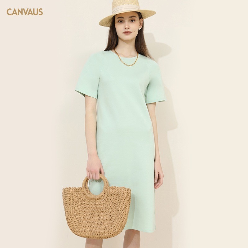 24HA275.14 - VÁY XUÔNG CỔ TRÒN 2 MÀU CANVAUS